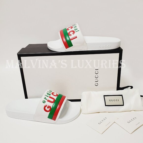 GUCCI SHOES MENS ORIGINAL WHITE LEATHER RUBBER SLIDE SANDAL w WEB sz 8G 8.5 US - Picture 14 of 15